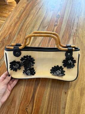 Magid Vintage Straw Handbag with Black 3D Floral Appliqué and Rattan Handles